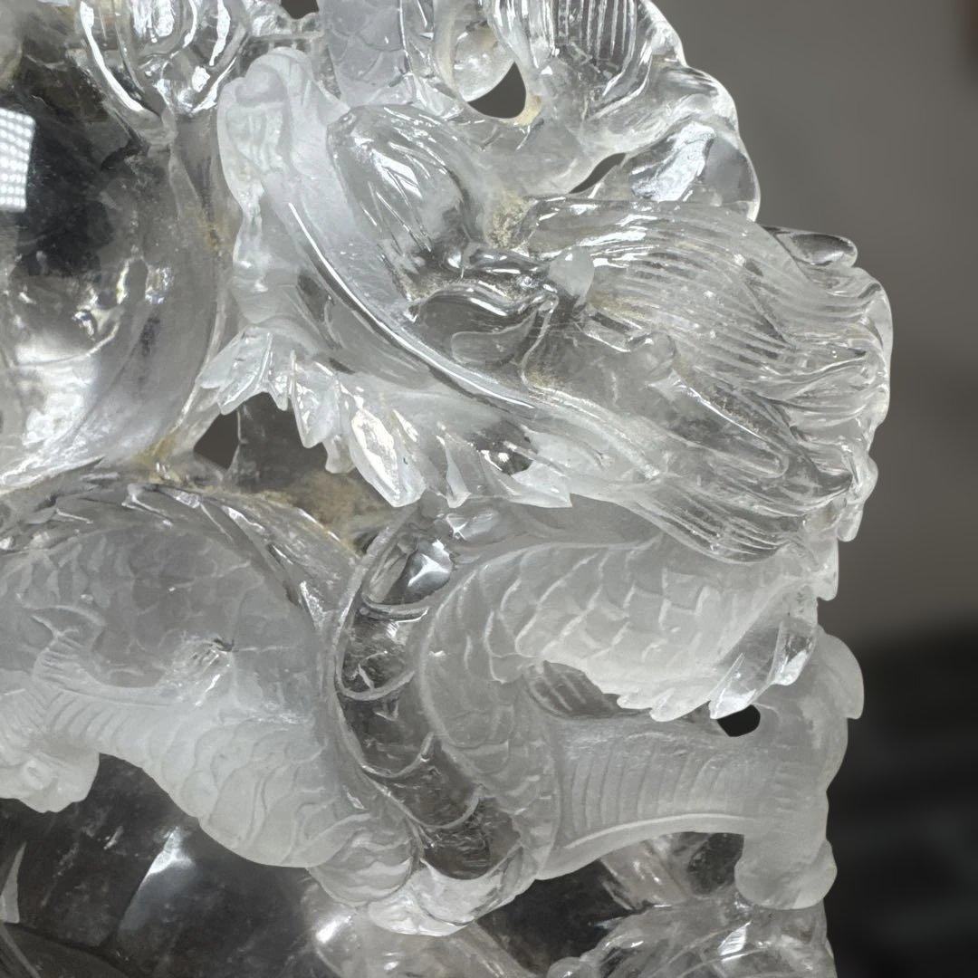 【圧巻3.1kg】天然水晶 双龍彫刻 台座付 巨大玉持ち 置物