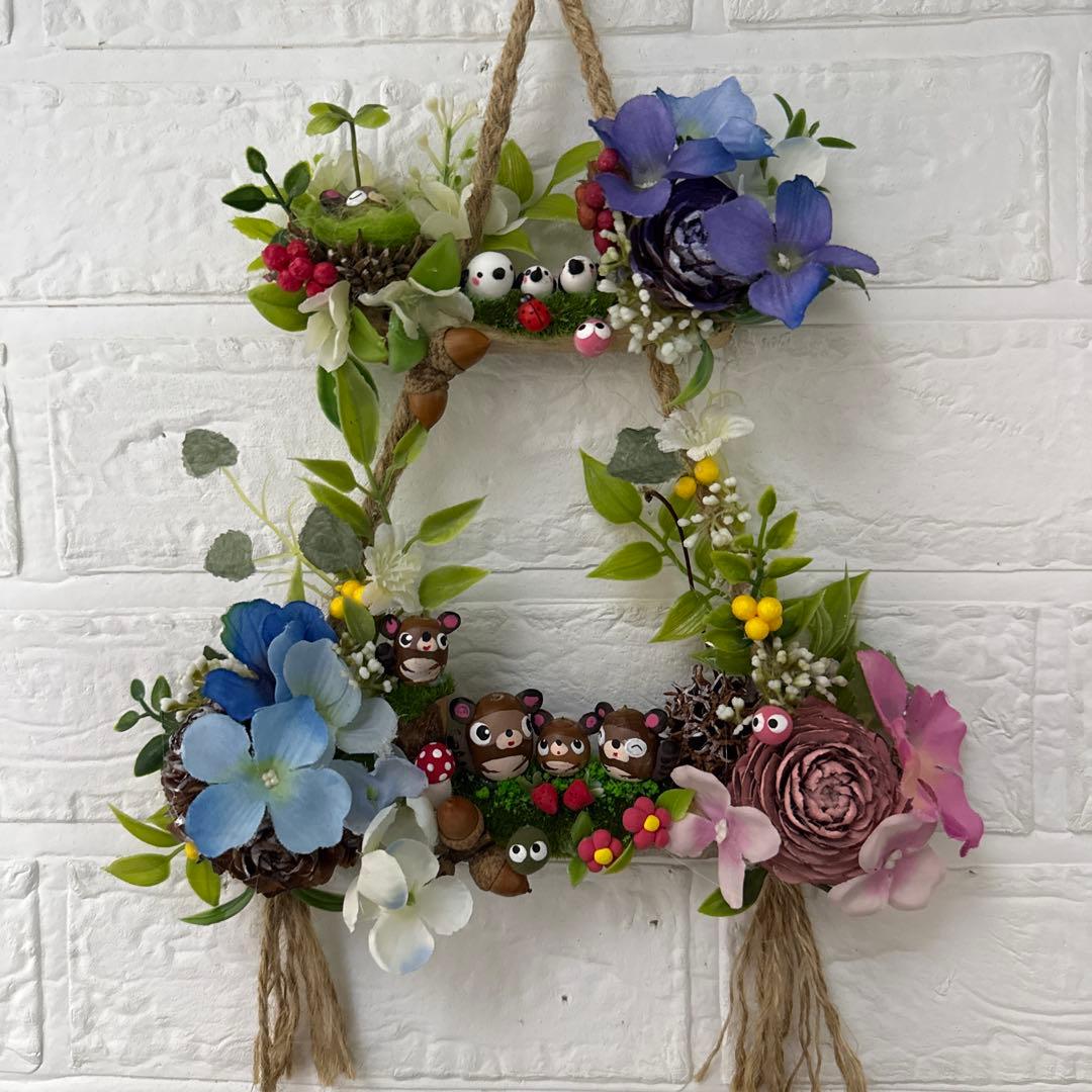 どんぐりアート♡タペストリー風ライト付きオブジェ2点　二段リース　計3点♡