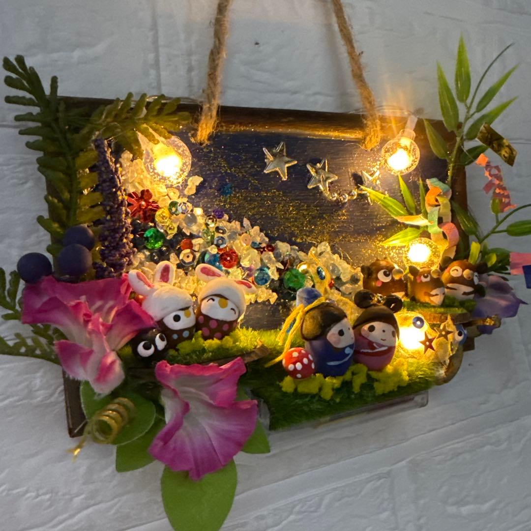 どんぐりアート♡タペストリー風ライト付きオブジェ2点　二段リース　計3点♡