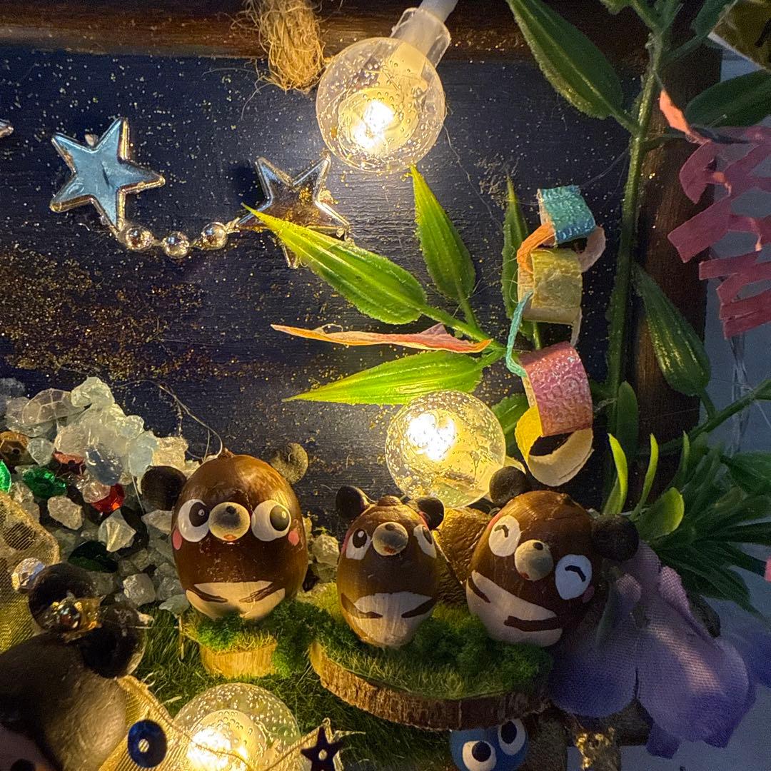 どんぐりアート♡タペストリー風ライト付きオブジェ2点　二段リース　計3点♡