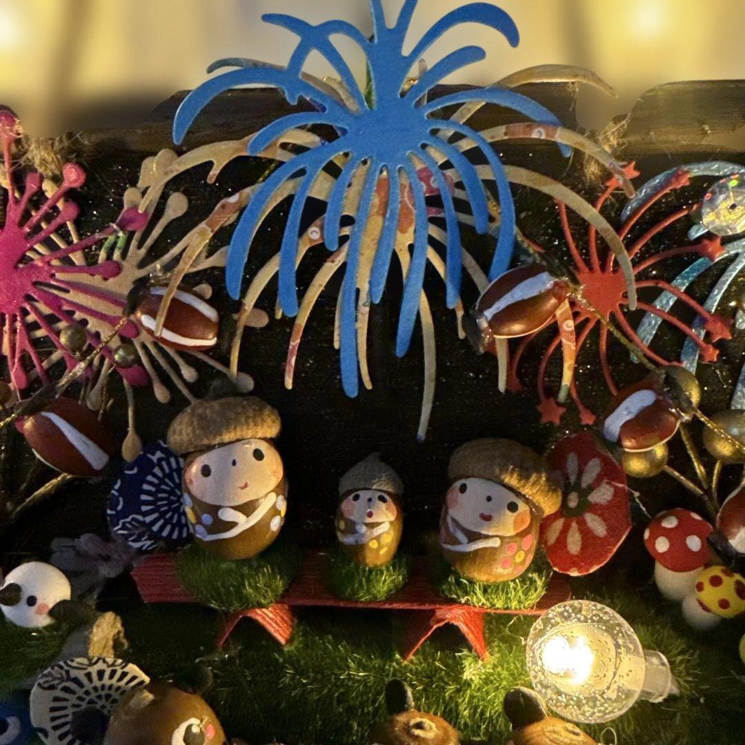 どんぐりアート♡タペストリー風ライト付きオブジェ2点　二段リース　計3点♡