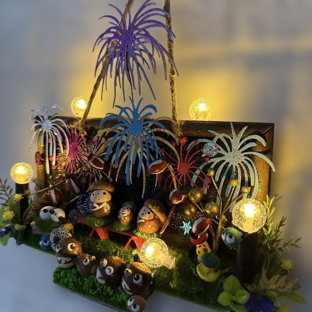 どんぐりアート♡タペストリー風ライト付きオブジェ2点　二段リース　計3点♡