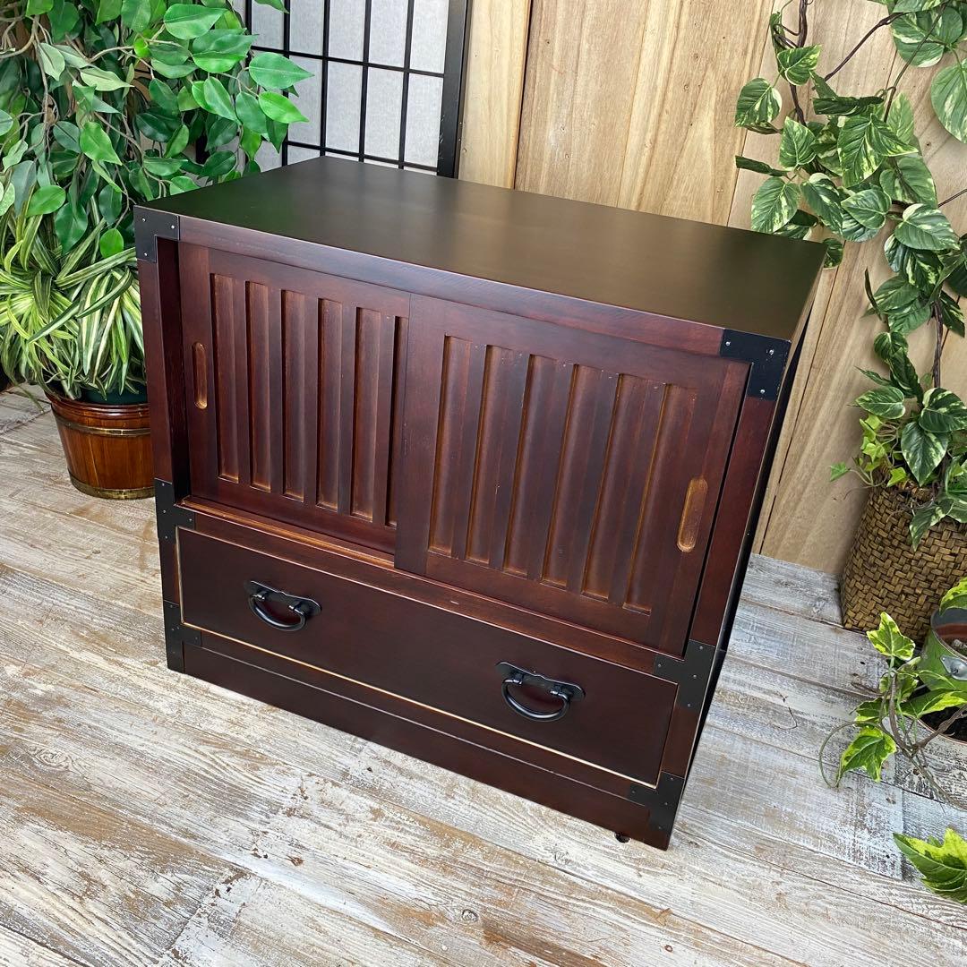 民芸家具木製桐材天然無垢引き戸付きタンスチェスト収納飾り棚箪笥和室インテリア