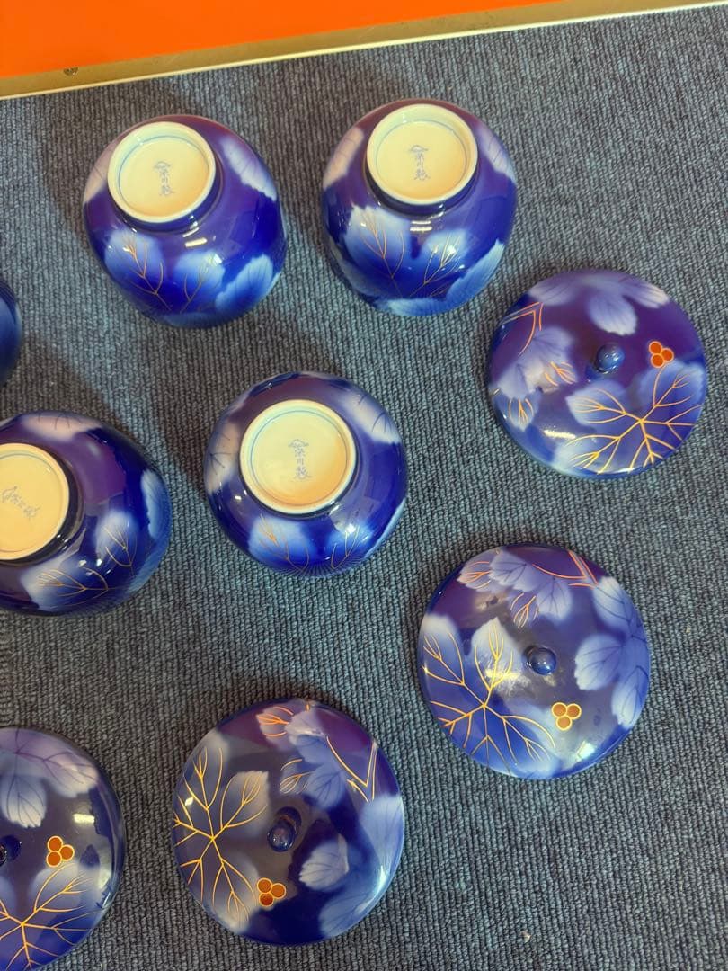 2031 深川製磁　葡萄瑠璃　湯呑蓋付　5客　金彩　未使用