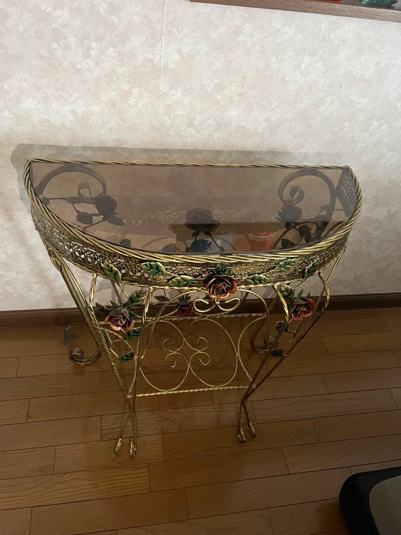 バラガラステーブル、バラアイアンテーブル、花台、フラワーテーブル ローズテーブル