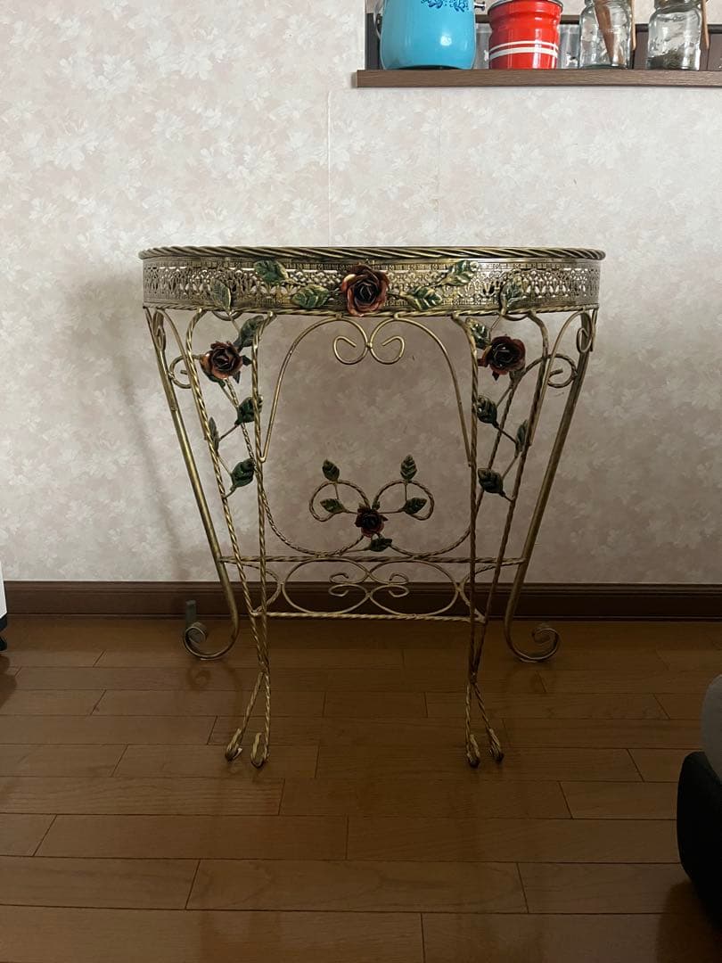 バラガラステーブル、バラアイアンテーブル、花台、フラワーテーブル ローズテーブル