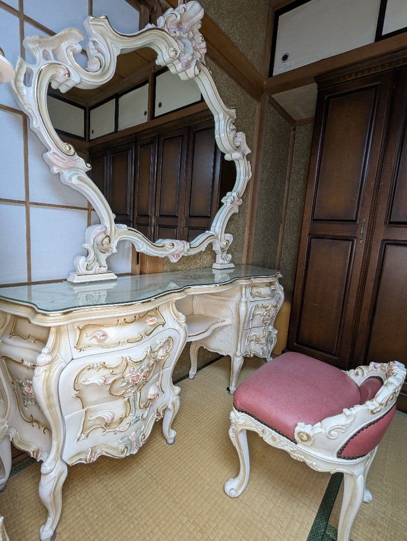 ロココ調 ドレッサー 豪華 姫系 椅子つき アンティーク 鏡台 ミラー