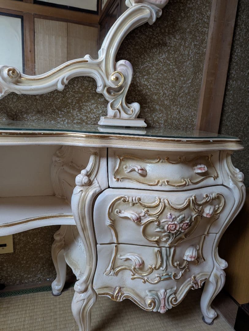 ロココ調 ドレッサー 豪華 姫系 椅子つき アンティーク 鏡台 ミラー