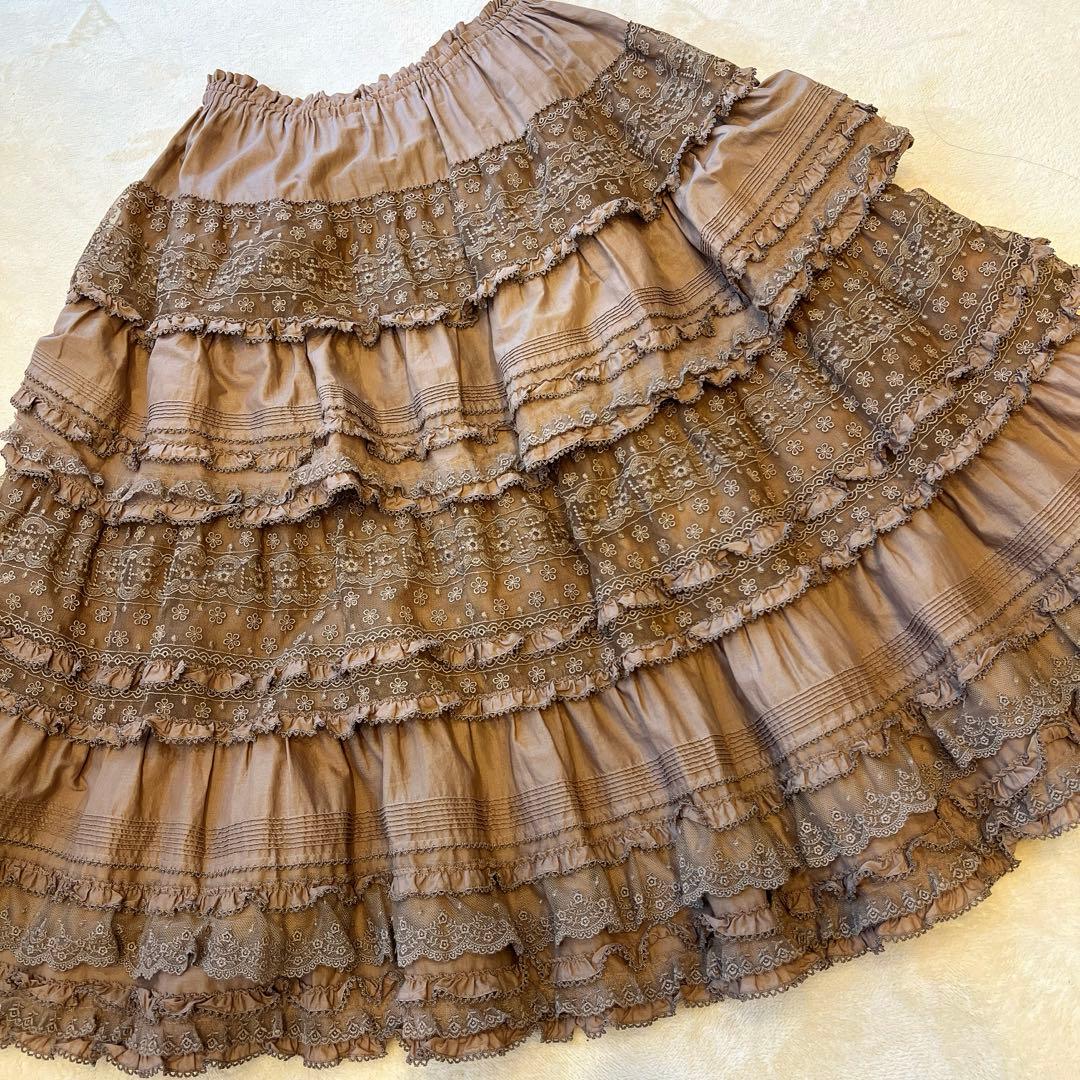 【美品】ピンクハウス　花刺繍チュールレース　かぶせ段々フリルスカート