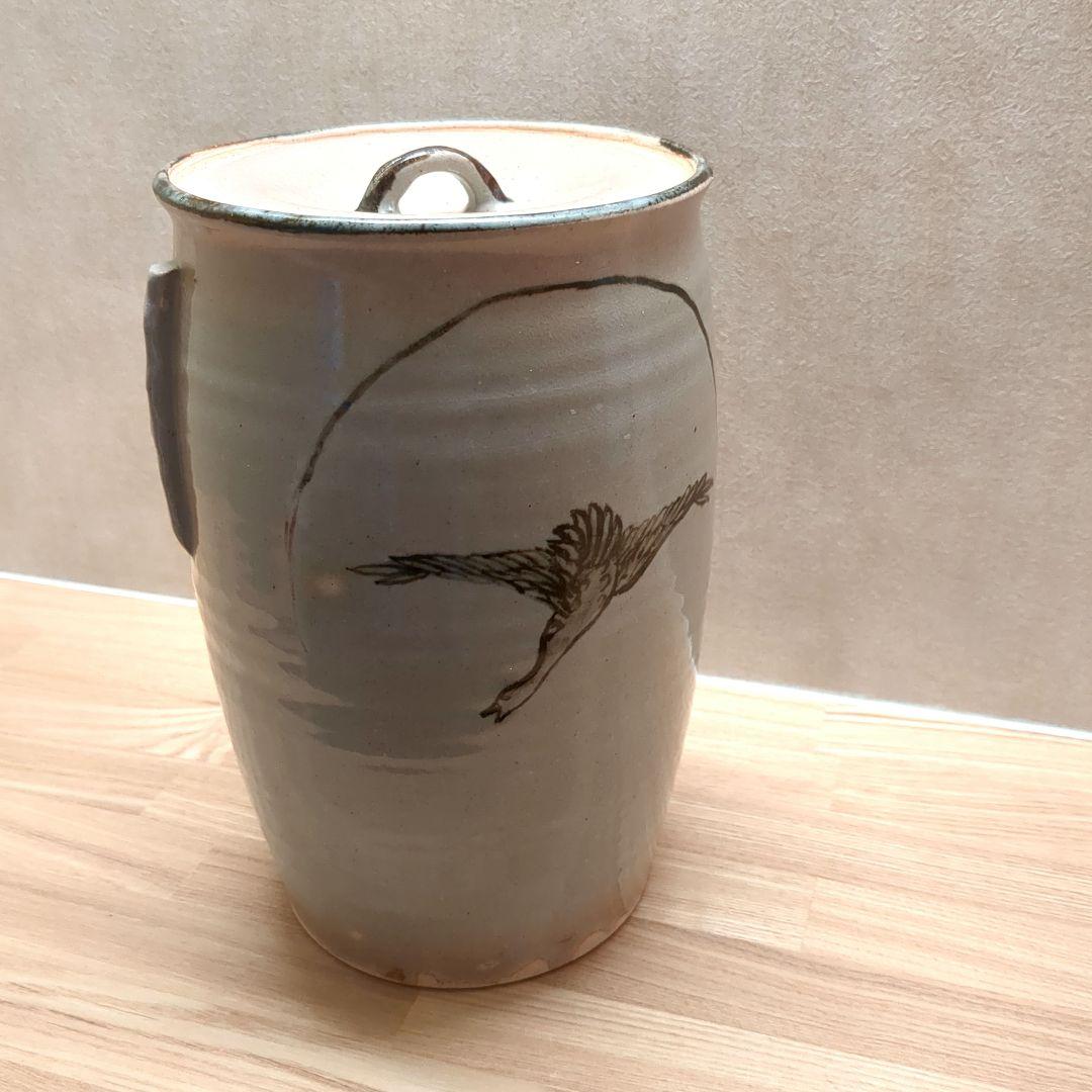 茶道具 水指 細水指 京焼 落雁の図 耳付き 中村与平 紙箱入り