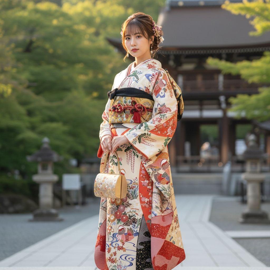 振袖フルセット(6点)・高級古典柄・友禅染め・箔散らし・金彩加工・鴛鴦・正絹