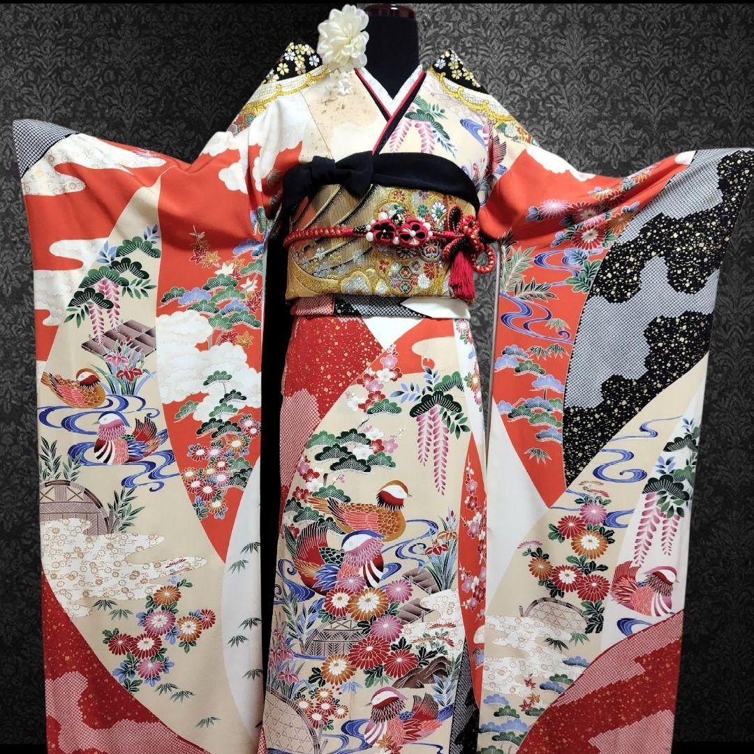 振袖フルセット(6点)・高級古典柄・友禅染め・箔散らし・金彩加工・鴛鴦・正絹