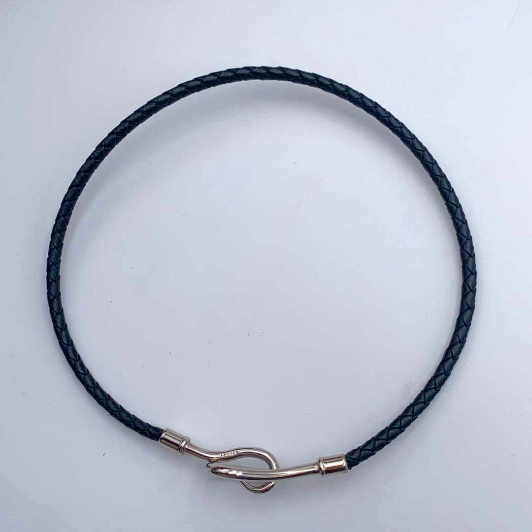 エルメス ジャンボ チョーカー 編み込み2連ブレス シルバー 黒レザー