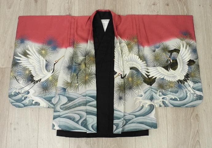七五三 ◇赤桃色系　祝い鶴◇5歳男の子着物・羽織・袴セット6041【中古】