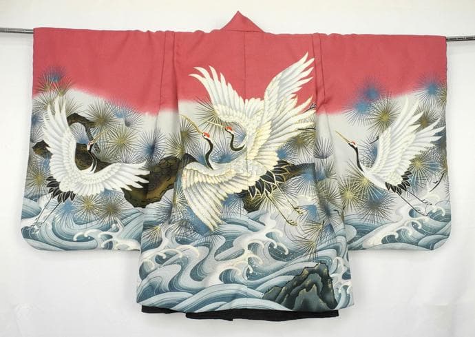 七五三 ◇赤桃色系　祝い鶴◇5歳男の子着物・羽織・袴セット6041【中古】