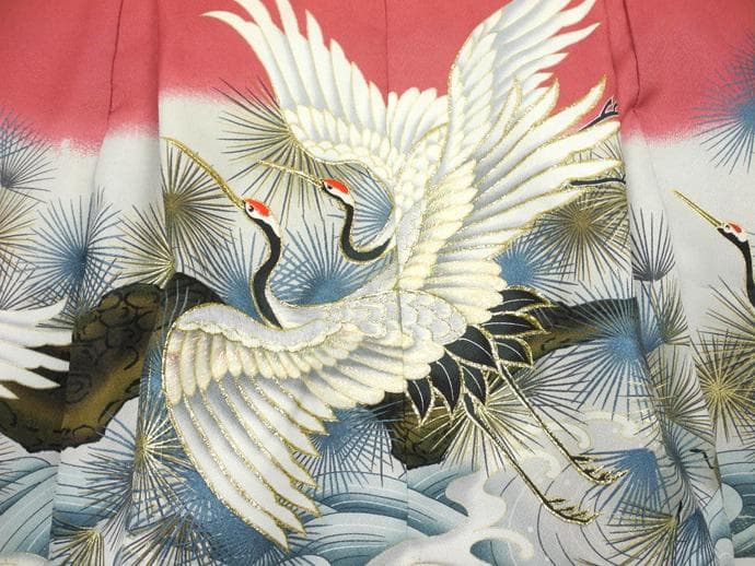 七五三 ◇赤桃色系　祝い鶴◇5歳男の子着物・羽織・袴セット6041【中古】