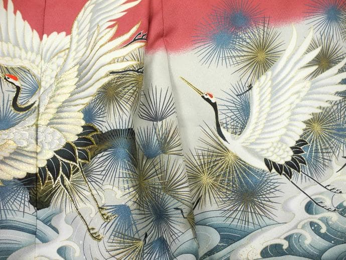 七五三 ◇赤桃色系　祝い鶴◇5歳男の子着物・羽織・袴セット6041【中古】