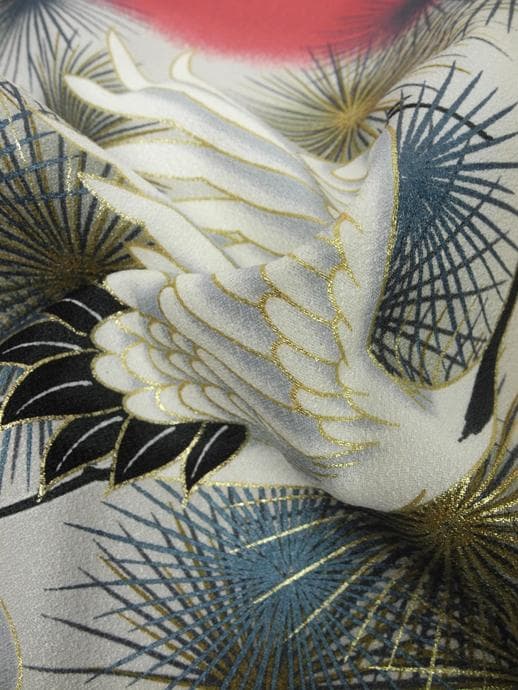 七五三 ◇赤桃色系　祝い鶴◇5歳男の子着物・羽織・袴セット6041【中古】