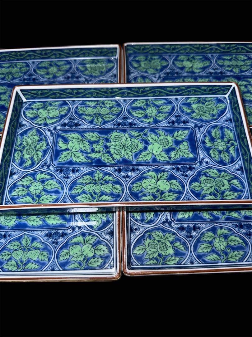 庫山窯　長皿　長角皿　青華緑彩　5客