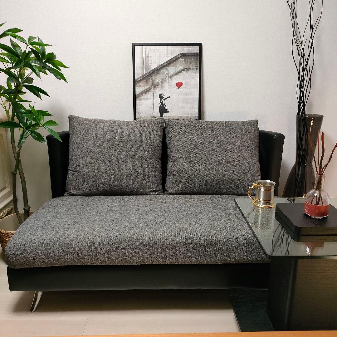 上質モダン 2人掛けソファ グレー×ブラックレザー調