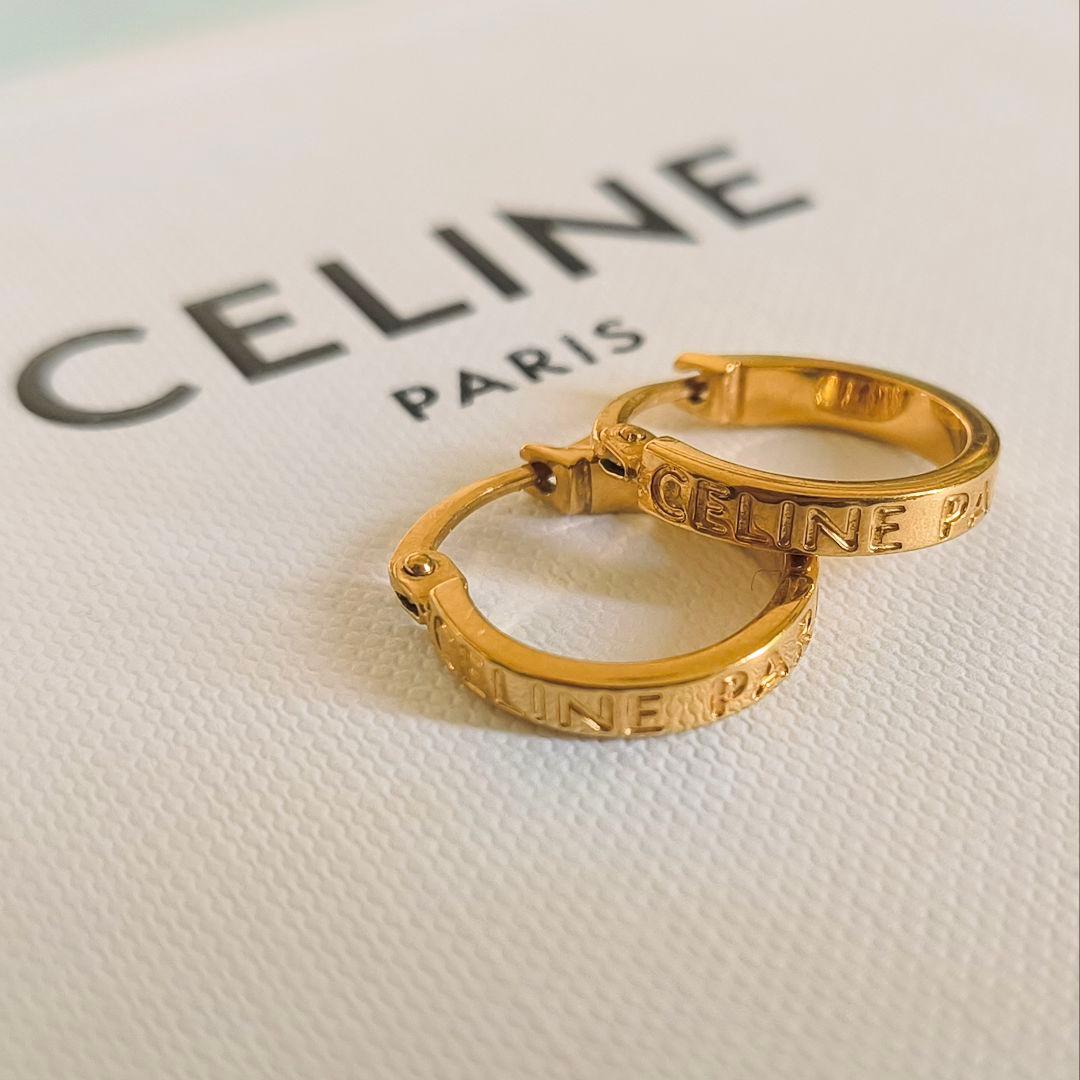 CELINE PARIS　フープ　ゴールド　フィニッシュ　ブラス　ロゴ　ピアス