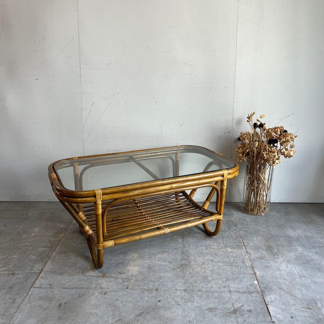 ヴィンテージ ラタン 籐 ガラス テーブル 昭和レトロ z606