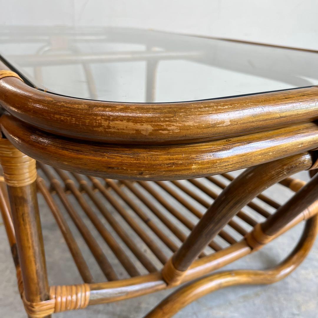 ヴィンテージ ラタン 籐 ガラス テーブル 昭和レトロ z606