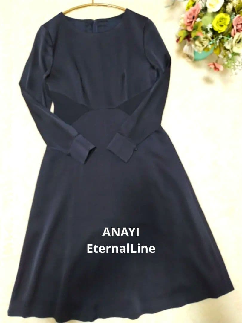 アナイ 38 トリアセテートサテンフレア　ワンピース　ネイビー　ANAYI　長袖