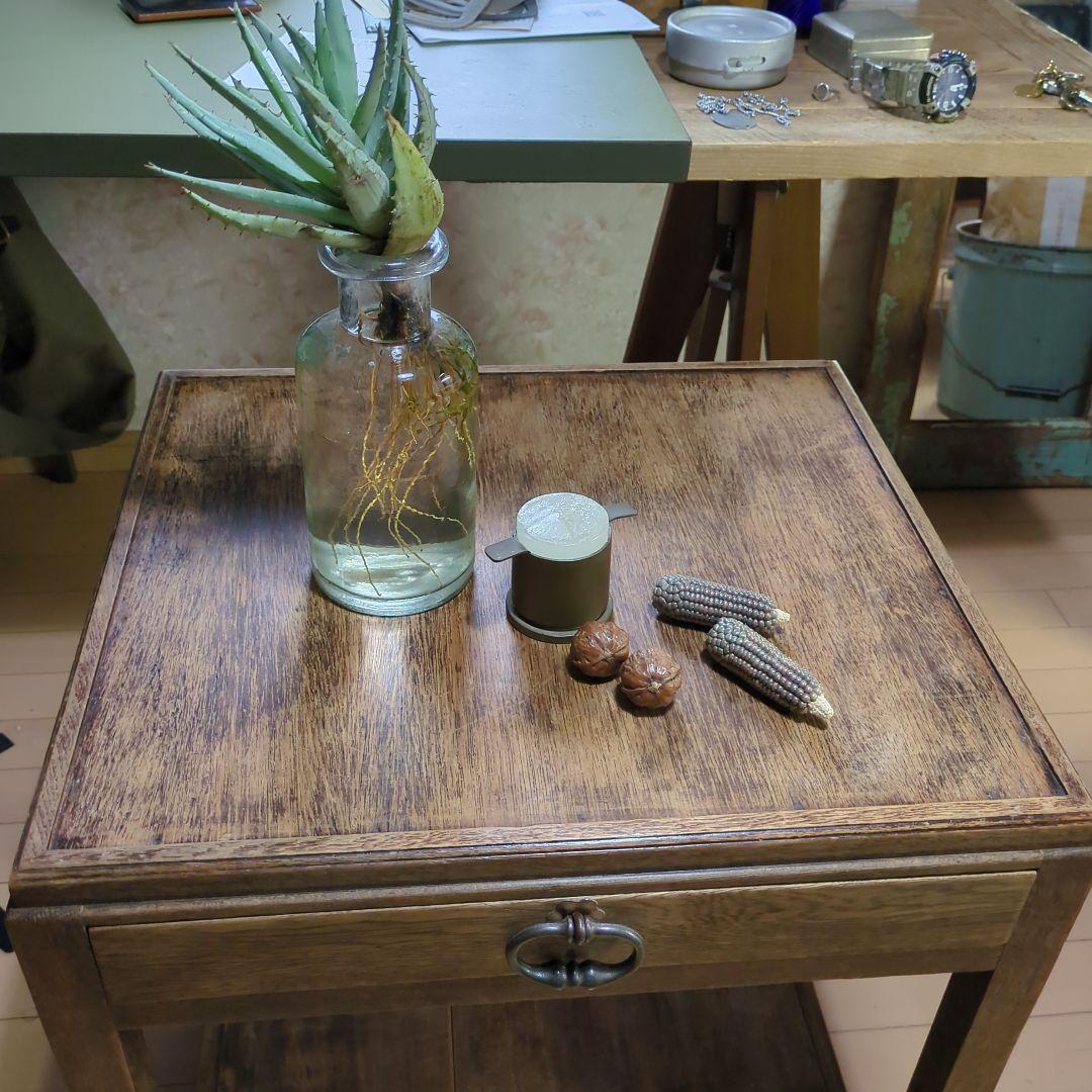 アンティーク古道具フランス取っ手木製サイドテーブル 引き出し付き