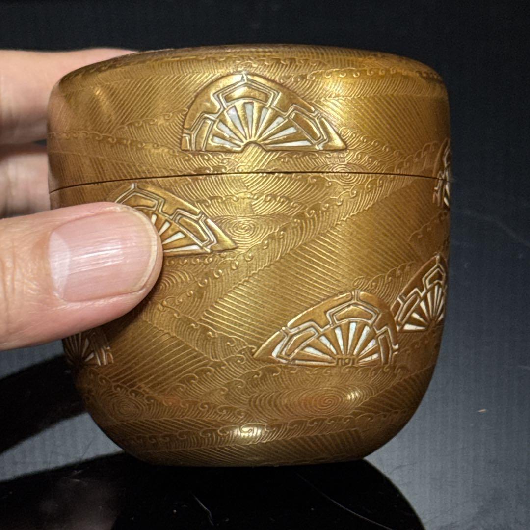 渡辺松悦 造『鵬雲斎書付』 極上金蒔絵 波車図 大棗 茶道具 桐共箱