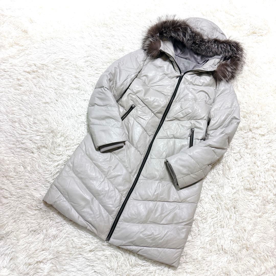 希少ダーマコレクションラムレザーロングダウンコートシルバーフォックスファーグレー