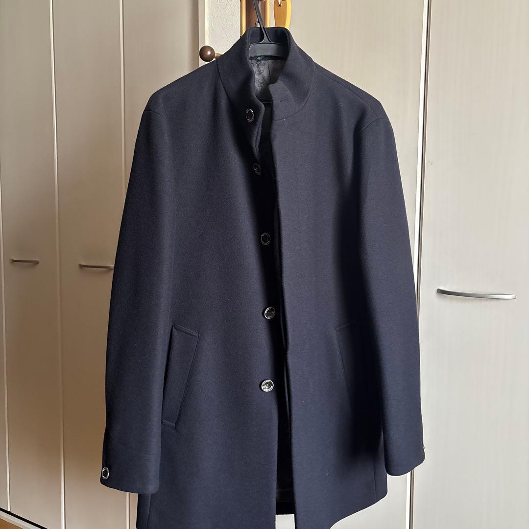 美品】ニコル　NICOLE ネイビーコート　スタンドカラー　比翼ボタン　50