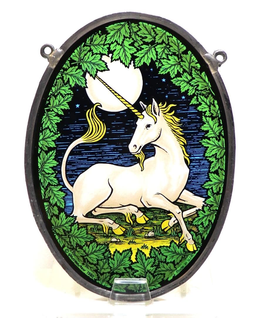 満月の夜に佇むユニコーン ヴィンテージステンドグラス タペストリー ティファニー