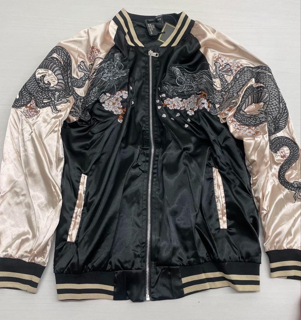 スカジャン　ジャケット　龍　刺繍　ユニセックス　ブラック　桜　Y2K 和柄
