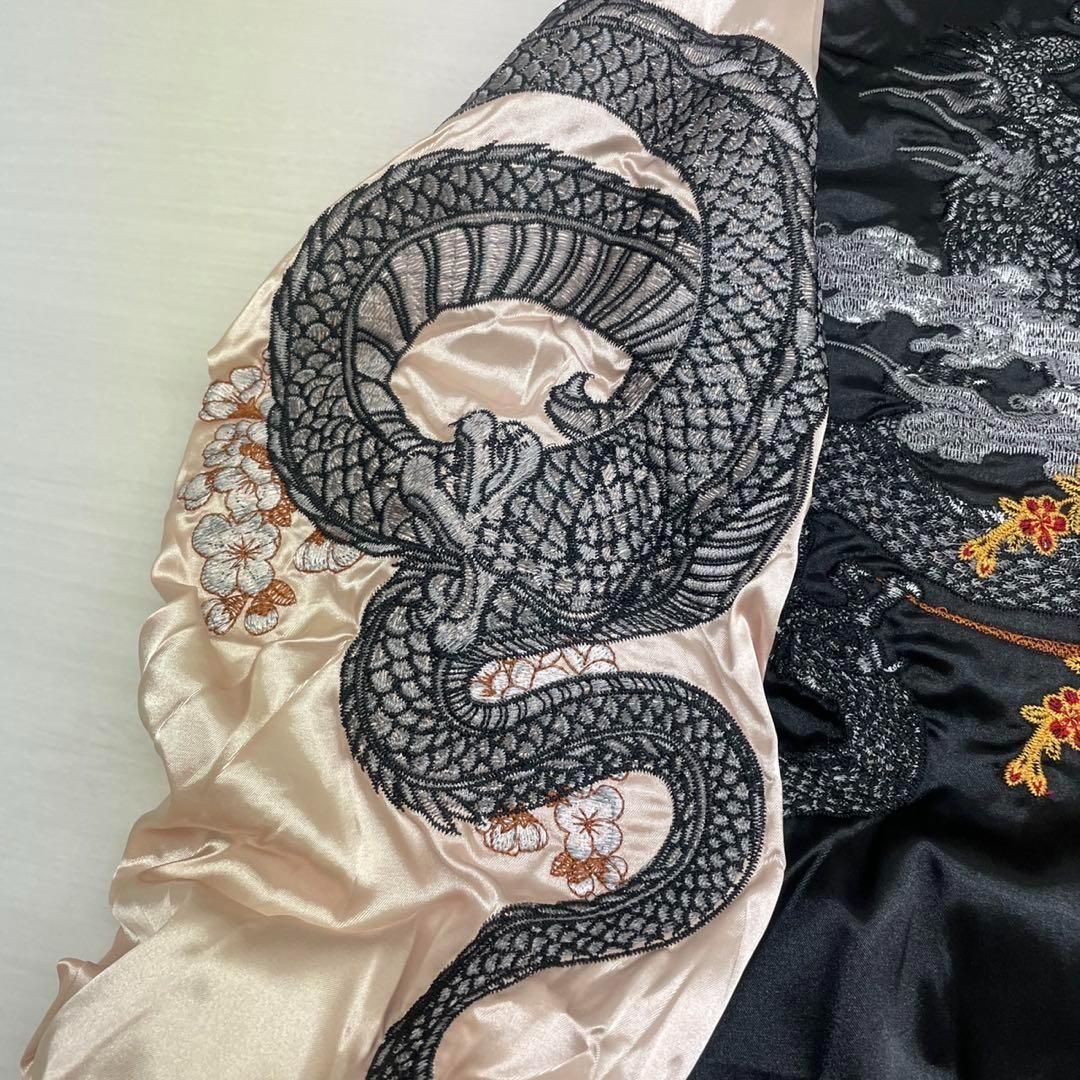 スカジャン　ジャケット　龍　刺繍　ユニセックス　ブラック　桜　Y2K 和柄