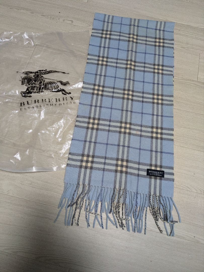 BURBERRY カシミヤ マフラー 水色 チェック柄
