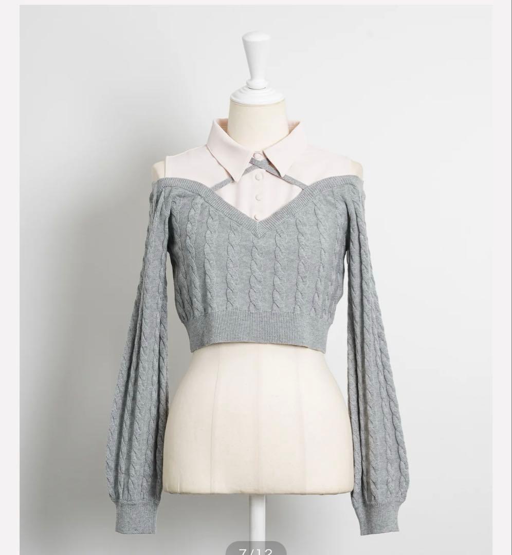 pium タグ付き シャツレイヤードオープンショルダーニット