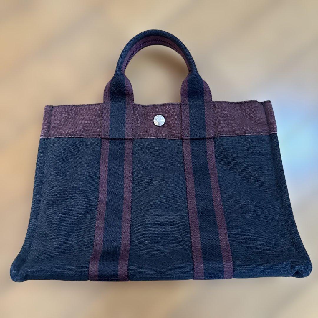 HERMES キャンバストートバッグ　黒とワイン色