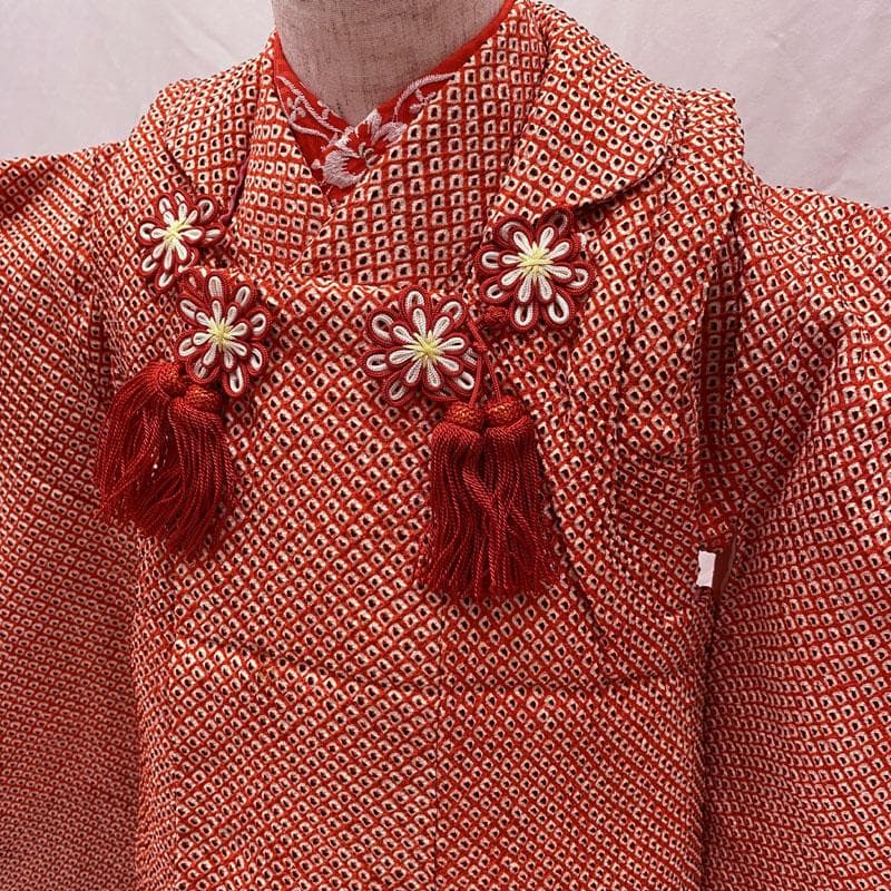 507ag1◎七五三 三歳 女児 お正月 節句 着物&被布&羽織 総絞り 赤黒◎