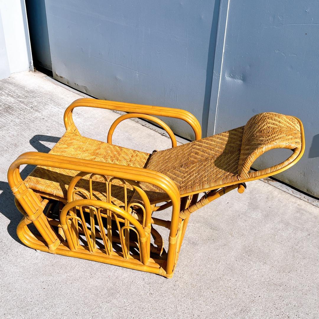 【送料無料】 ラタン リクライニングアームチェア マガジンラック オットマン