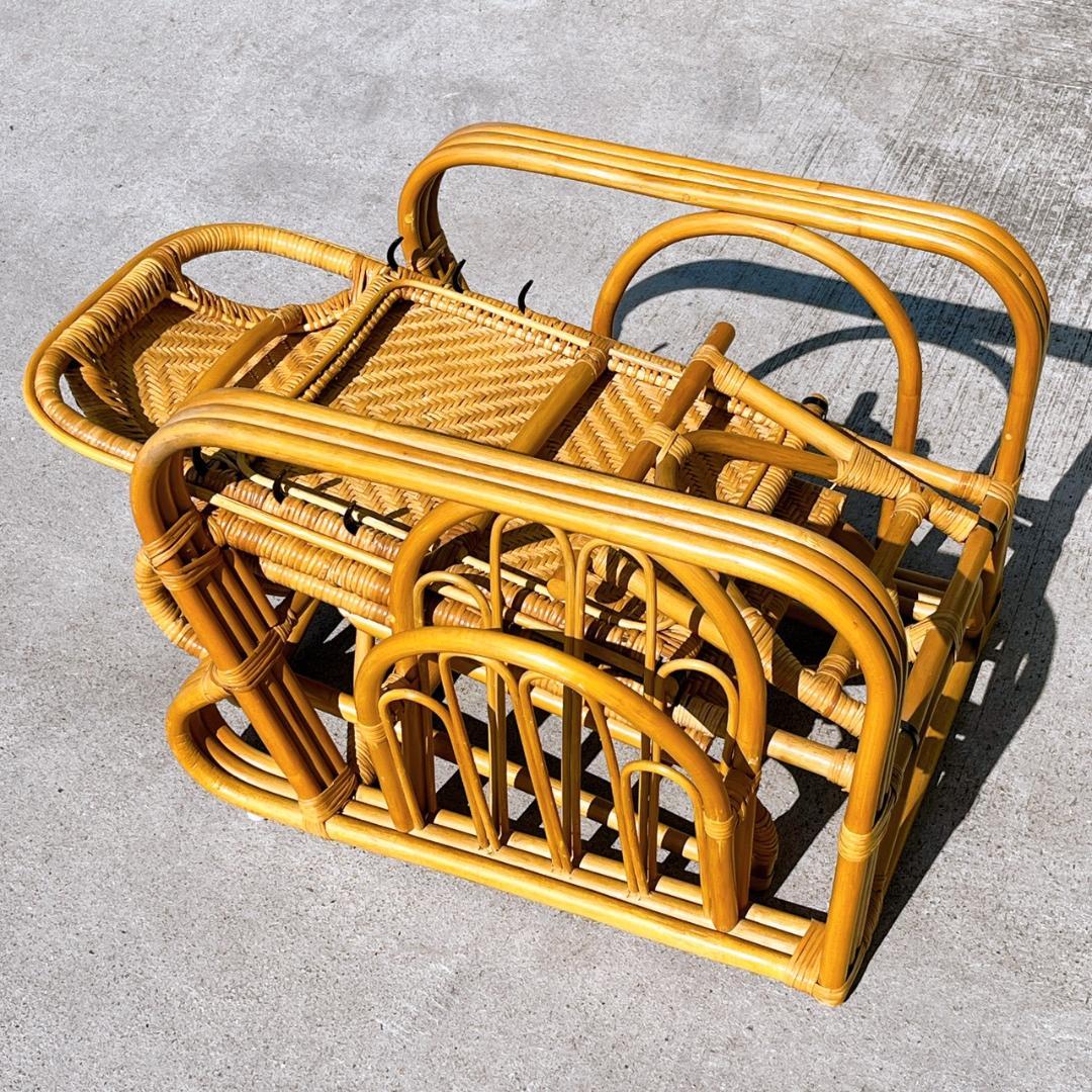 【送料無料】 ラタン リクライニングアームチェア マガジンラック オットマン