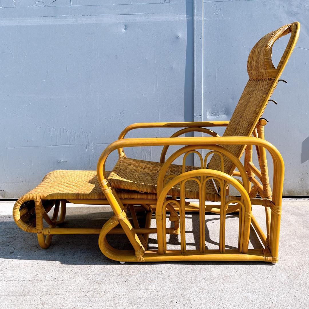 【送料無料】 ラタン リクライニングアームチェア マガジンラック オットマン