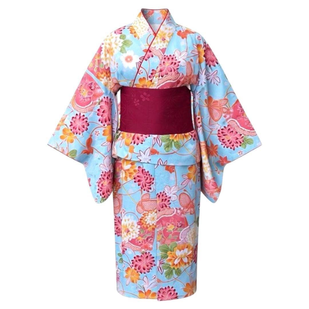 Coucou Memoire 着物150豪華安心7点フルセット水色 花柄 お正月