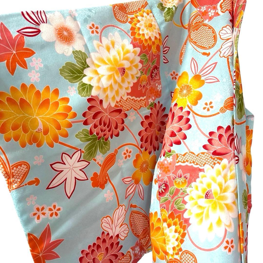 Coucou Memoire 着物150豪華安心7点フルセット水色 花柄 お正月
