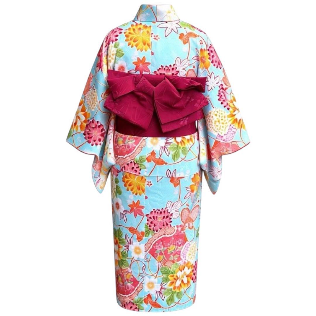 Coucou Memoire 着物150豪華安心7点フルセット水色 花柄 お正月