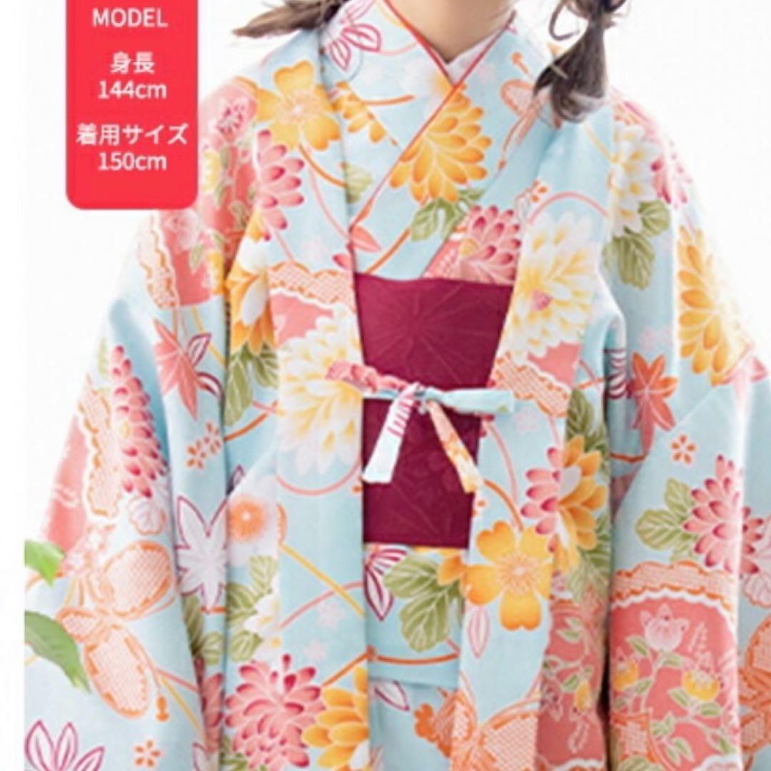 Coucou Memoire 着物150豪華安心7点フルセット水色 花柄 お正月