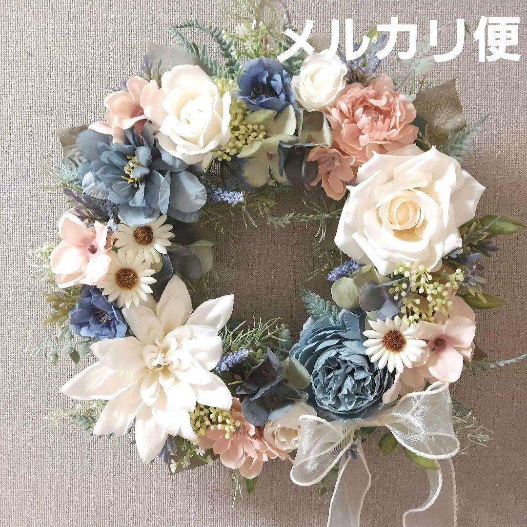 フラワーリース 夏めく15  咲き誇る優しいお花たち 玄関リース 造花