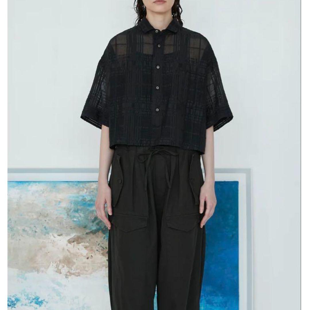 ブラック 半袖 シャツ 透け感 チェック柄