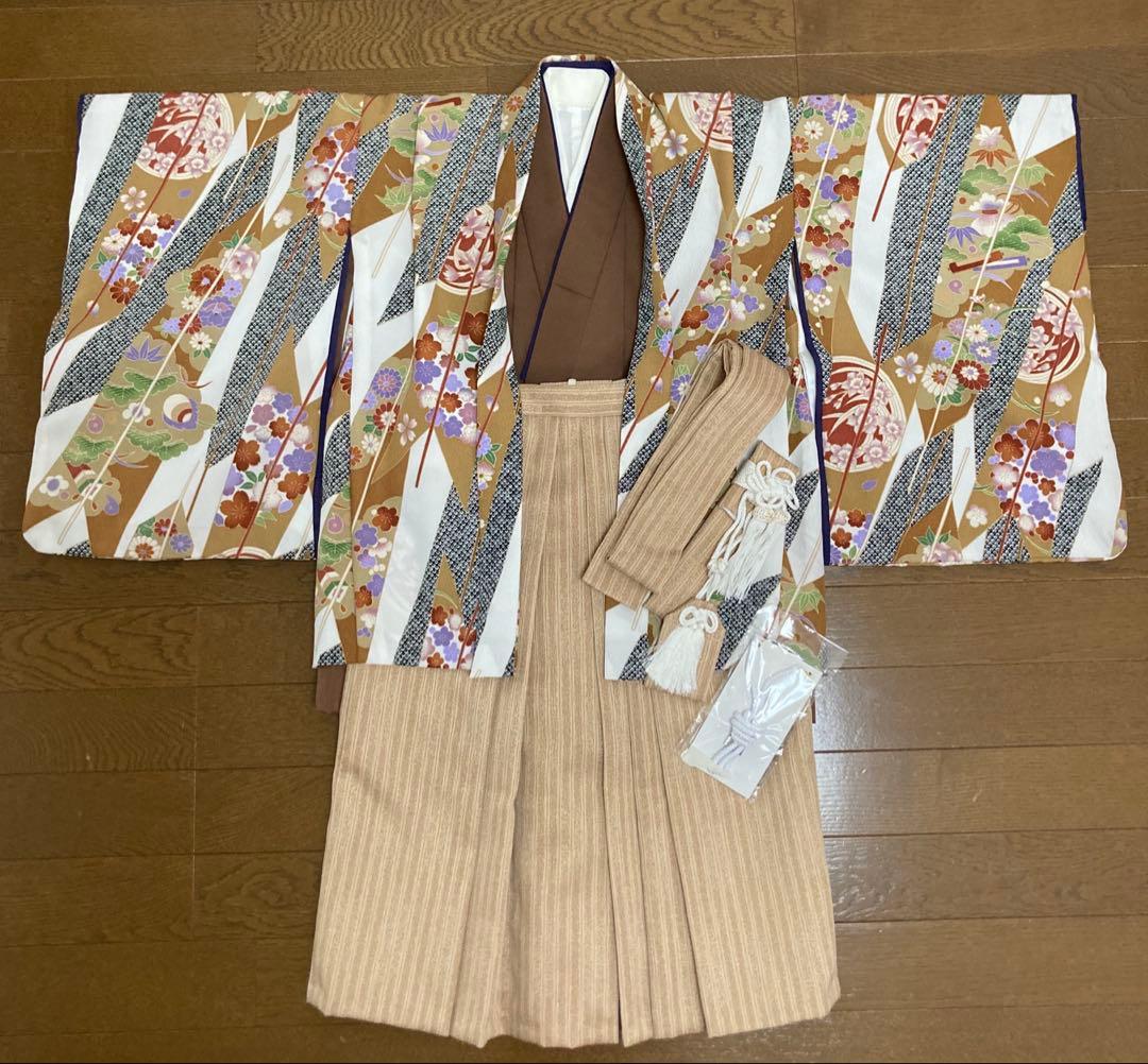 五歳　男児　七五三　着物羽織長襦袴セット　花柄　茶のしめ　オンリーワン　個性的