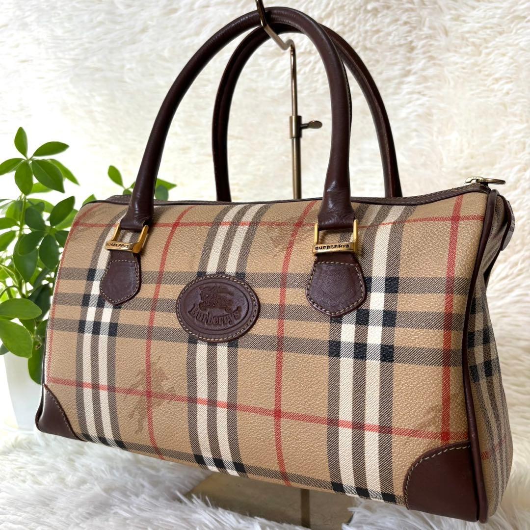 【美品】バーバリー　ミニボストン ノバチェック PVC レザー シャドーホース